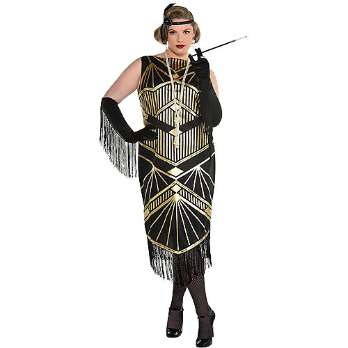 Nav Item for Adult Roaring 20s Gold Art Deco Flapper Costume Plus Size Image #1